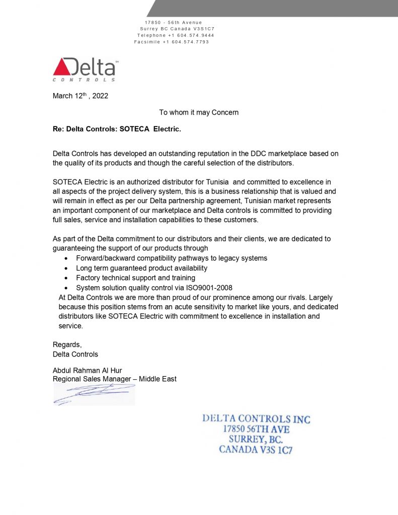 Delta Controls Certificate